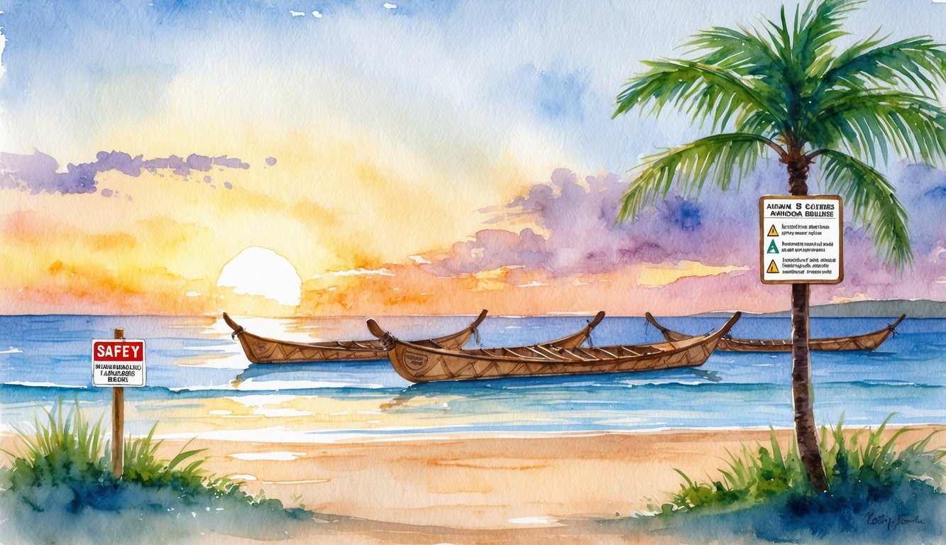 A peaceful beach at sunset, with traditional Hawaiian outrigger canoes in the background and a sign indicating safety and etiquette guidelines