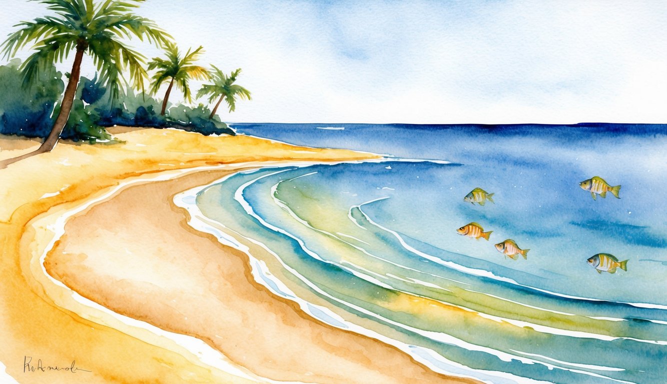 A calm, shallow cove with soft, golden sand and gentle waves lapping at the shore. Palm trees provide shade, and colorful fish swim in the clear, warm water