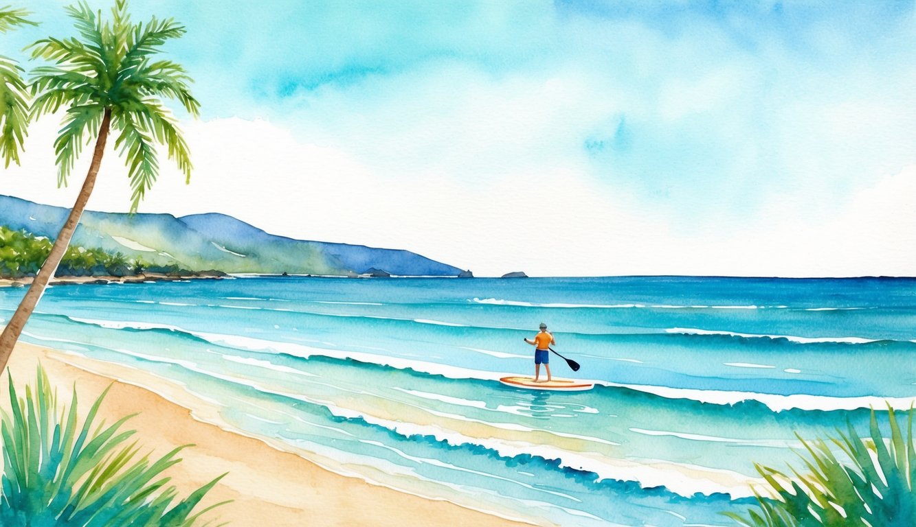 A calm, turquoise bay with palm-fringed white sand beaches and gentle waves perfect for paddleboarding on Oahu