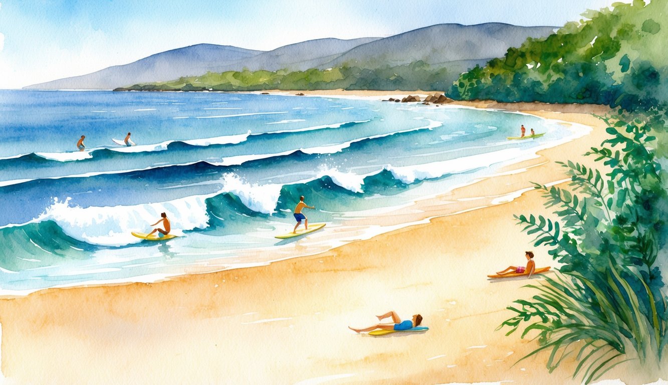 Gentle waves break on a sandy shore, bordered by lush greenery and distant mountains. A few surfers ride the small waves, while others lounge on the beach