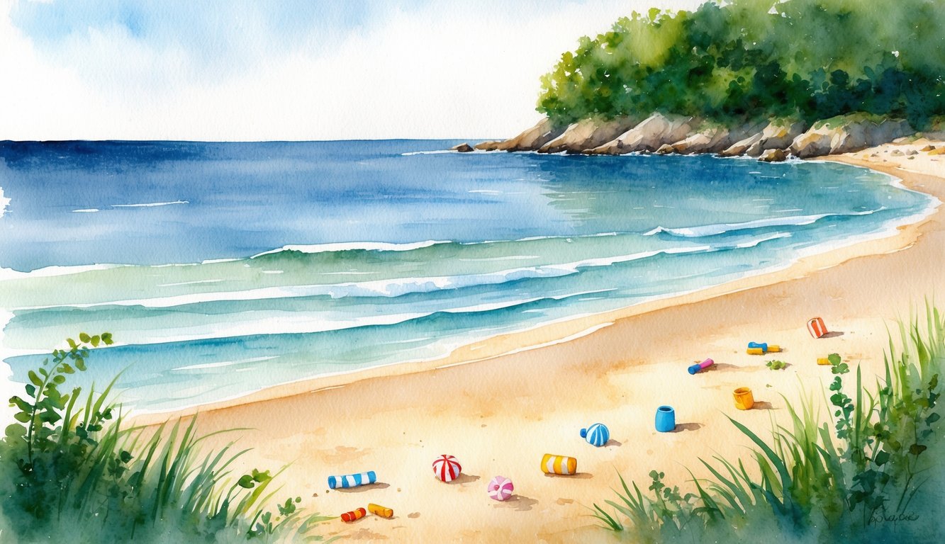A calm, shallow cove with soft sand and gentle waves, surrounded by lush greenery and colorful beach toys scattered across the shore