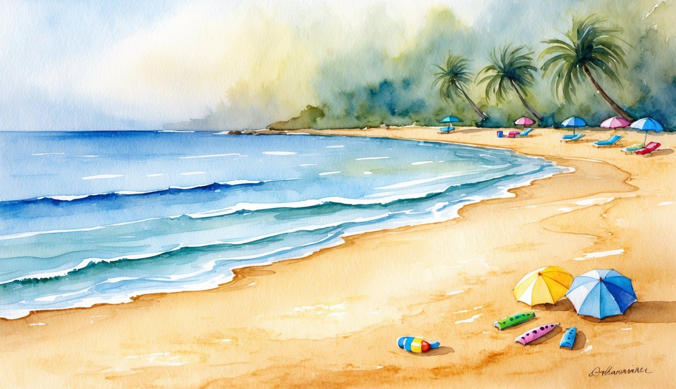 A calm, shallow cove with soft, golden sand and gentle waves lapping at the shore. Colorful beach toys and umbrellas dot the coastline, with palm trees swaying in the background