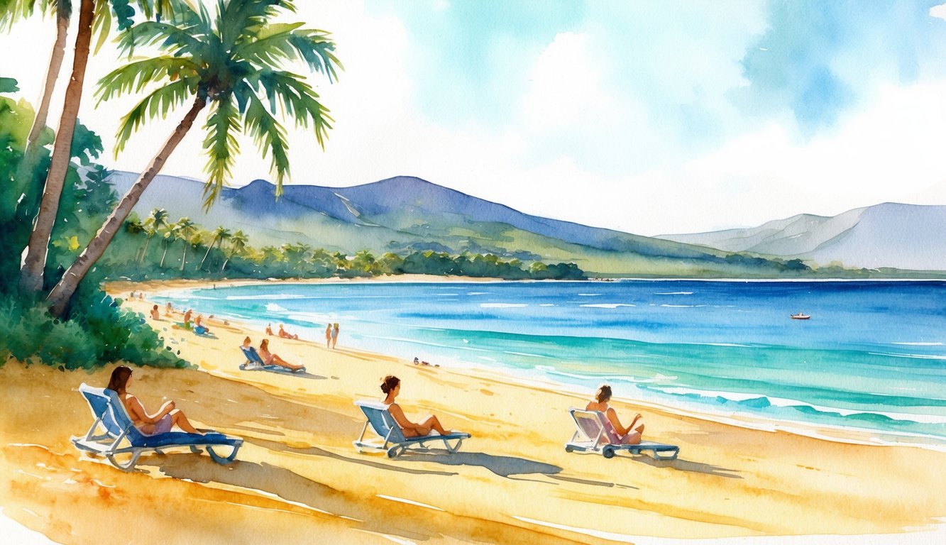 A serene beach with golden sand, palm trees, and calm, turquoise waters. Sunbathers relax under the warm Hawaiian sun, surrounded by lush greenery and distant mountains