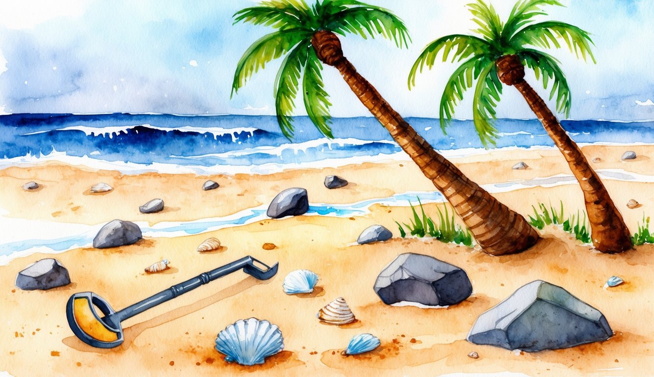 A sandy beach with palm trees and waves, scattered with rocks and shells. A metal detector and shovel lie nearby