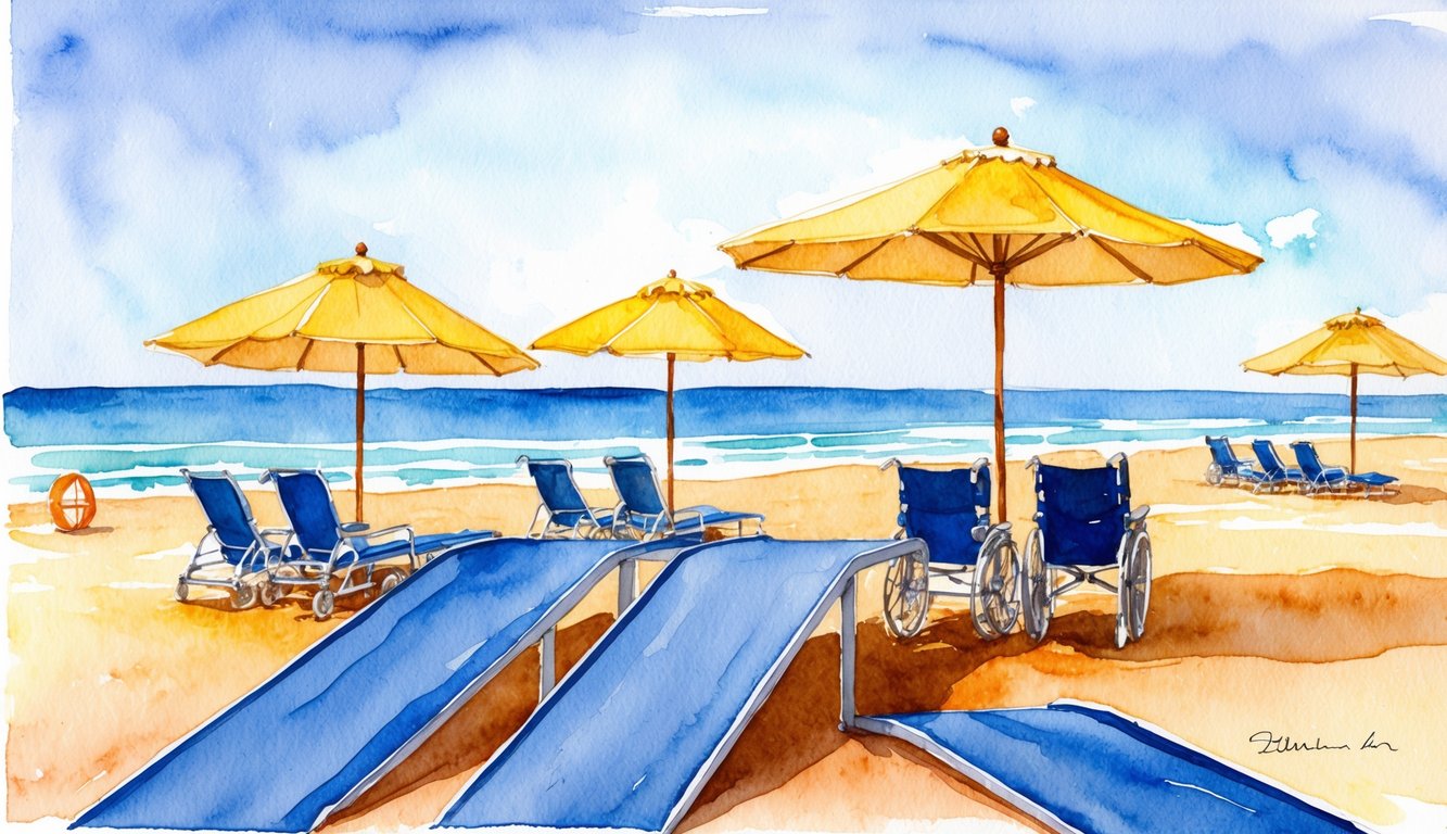 A sunny beach with lounge chairs, umbrellas, and easy access ramps for wheelchairs