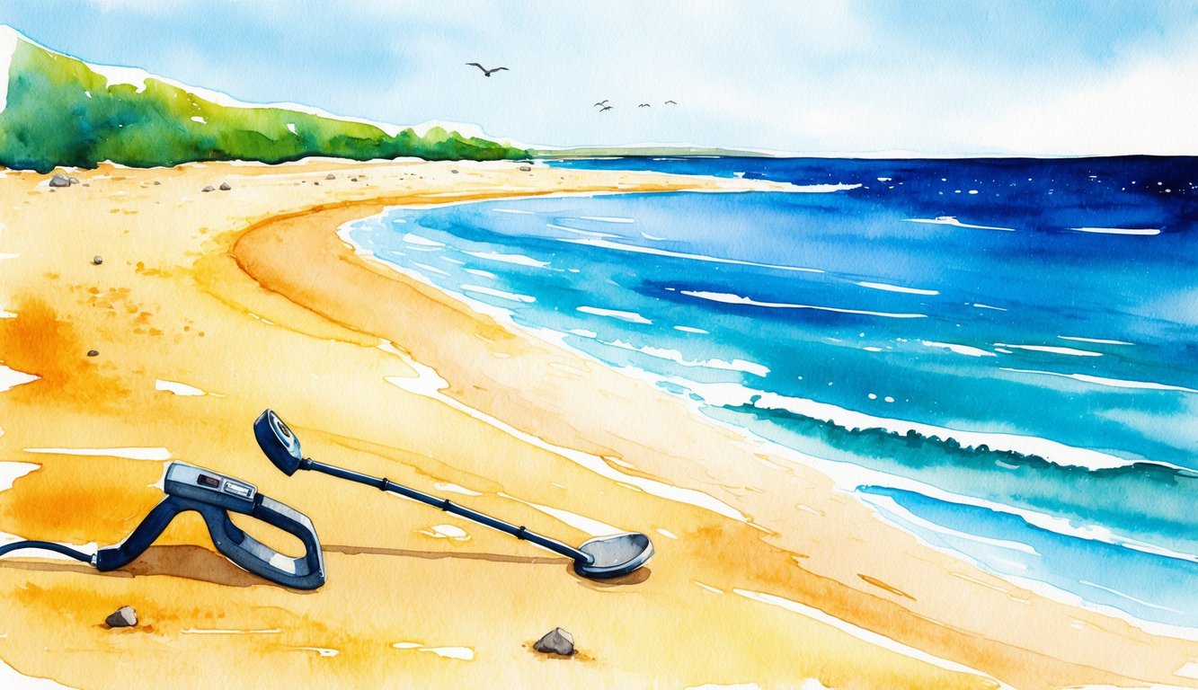 A serene beach with clear blue waters, golden sand, and a gentle breeze. A metal detector is seen scanning the shore