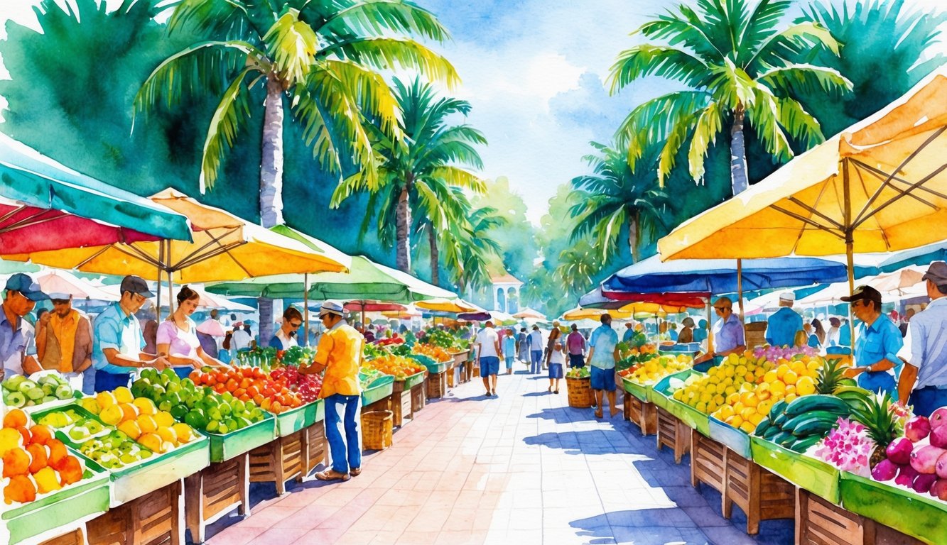 Colorful produce stalls line a bustling market square, surrounded by lush greenery and towering palm trees. The scent of tropical fruits and fresh flowers fills the air as locals and tourists browse the vibrant displays