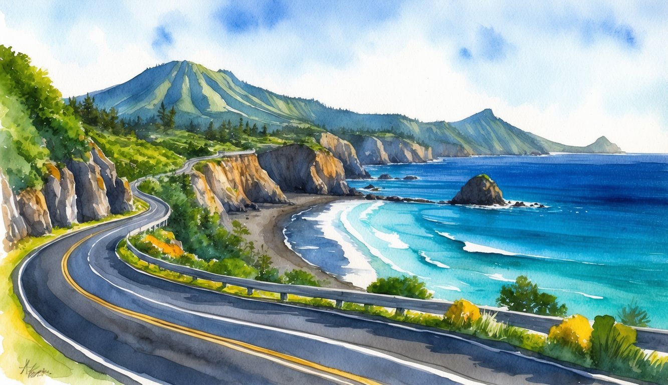 A winding coastal road hugs the rugged cliffs, with lush greenery and volcanic landscapes stretching out to meet the turquoise waters of the Pacific Ocean
