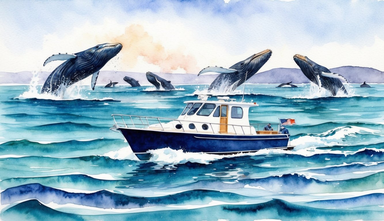 A boat glides through crystal clear waters, surrounded by majestic humpback whales breaching and spouting in the distance