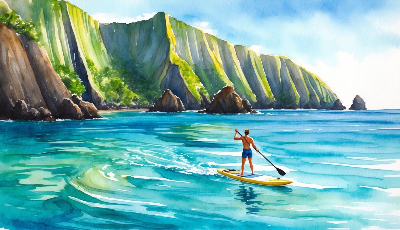 Crystal clear waters surround a lone paddleboarder gliding past lush green cliffs and volcanic rock formations on the Big Island of Hawaii