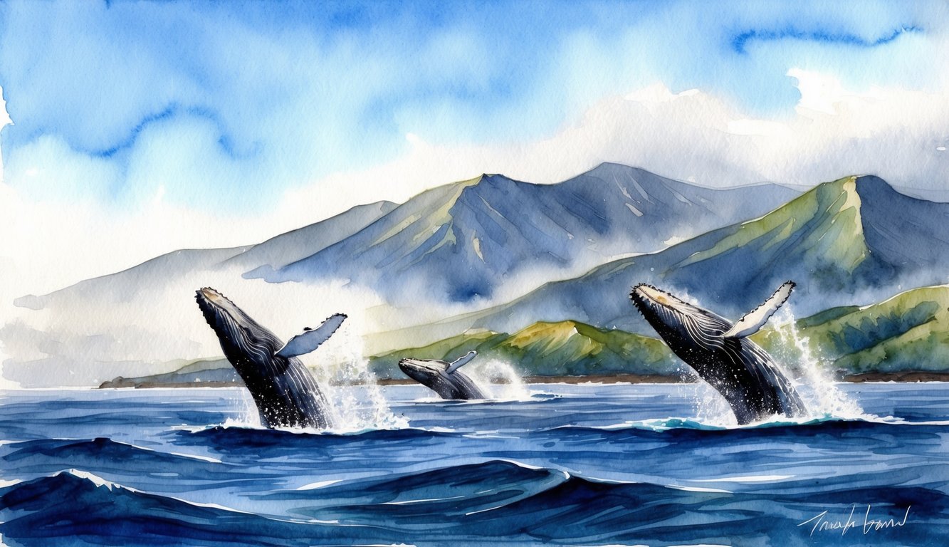 Whales breach off the coast of the Big Island, with misty mountains in the background and a clear blue sky above