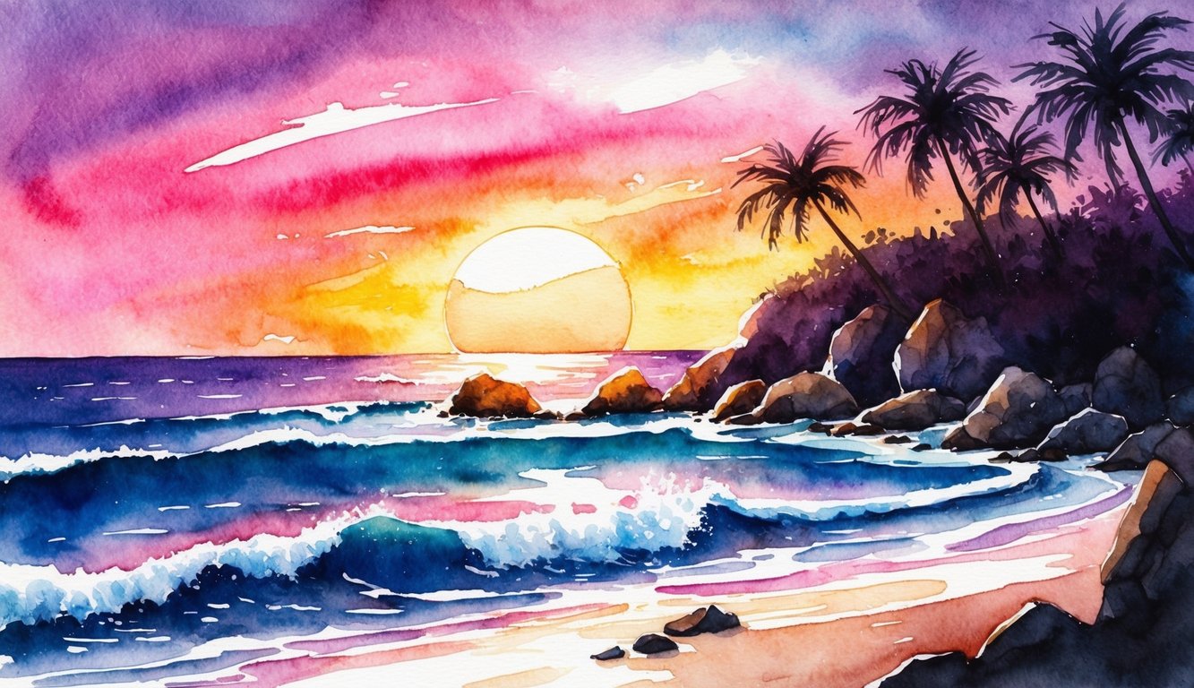 A vibrant sunset over the rocky coastline, with waves crashing against the shore and palm trees silhouetted against the colorful sky