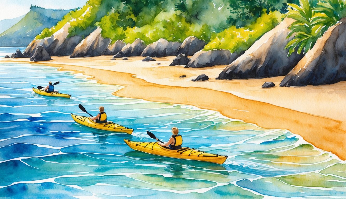 Crystal clear waters lap against the golden sandy shores, framed by lush greenery and volcanic rock formations. Kayaks glide effortlessly through the calm, inviting waves