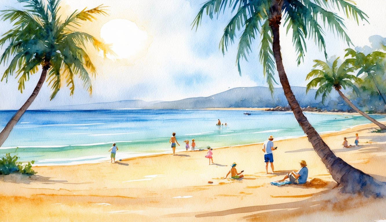 A serene beach with calm, clear waters and soft, golden sand. Palm trees provide shade, while families play and relax under the warm Hawaiian sun
