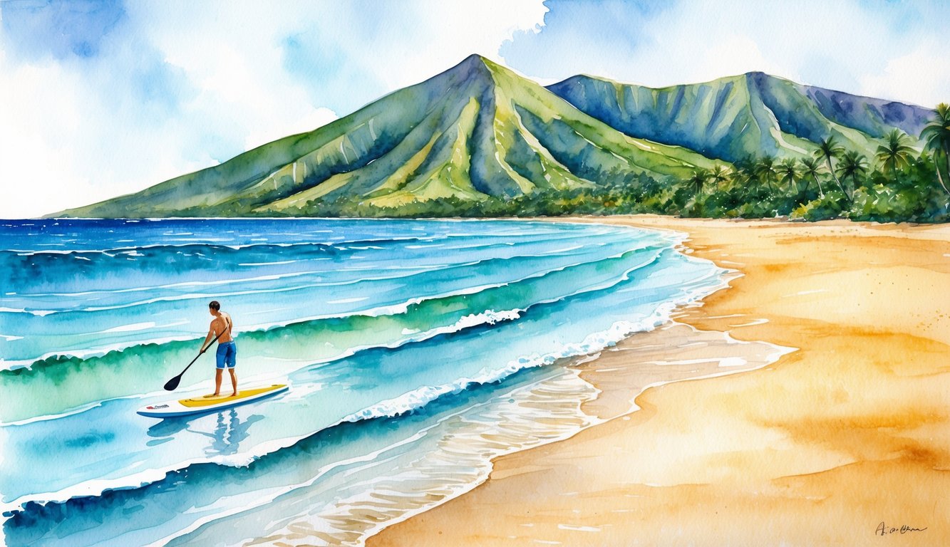 Crystal clear waters lap against the golden sand of the Big Island's beaches, with lush green mountains in the background. A lone paddleboarder glides across the tranquil surface, surrounded by the beauty of nature