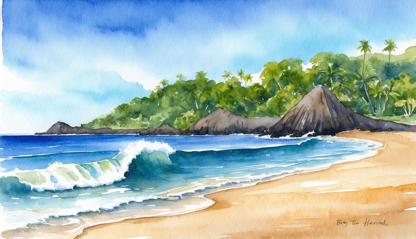 A gentle wave breaks on a sandy shore, surrounded by lush greenery and volcanic rock formations, under a clear blue sky on the Big Island of Hawaii