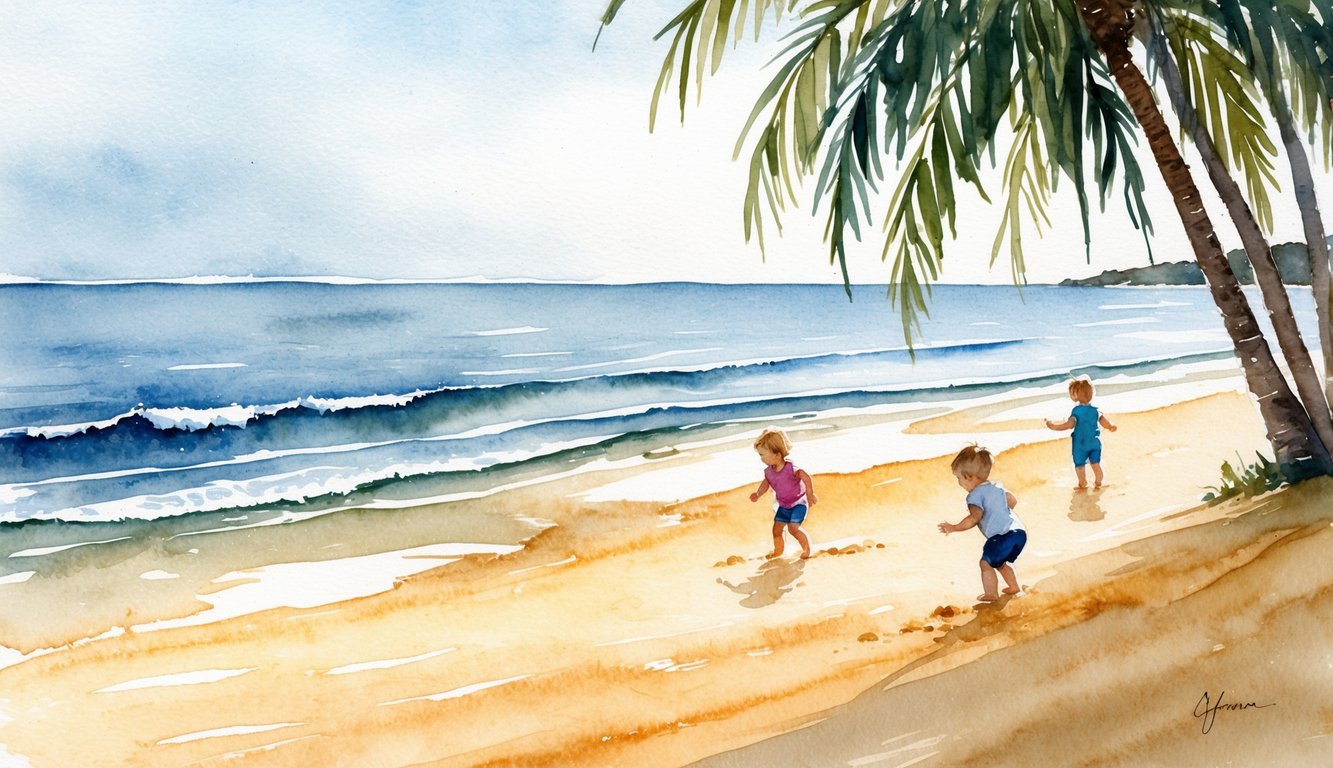 A calm, shallow bay with gentle waves lapping the shore. Palm trees provide shade while toddlers play in the soft, golden sand
