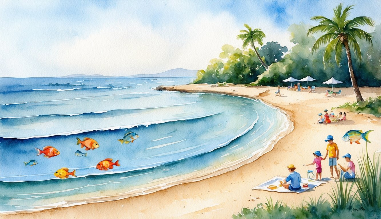 A calm, shallow cove with gentle waves, soft sand, and colorful fish for snorkeling. Palm trees offer shade, and families play and picnic on the shore