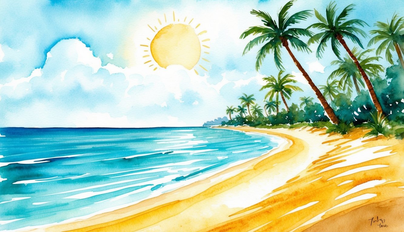 Golden sand stretches along the turquoise water, palm trees sway in the warm breeze, and the sun shines brightly in the cloudless sky