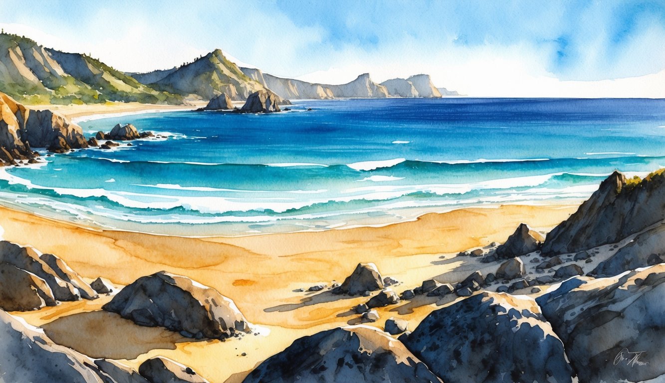 A rugged coastline with volcanic rock formations and golden sand, lapped by the turquoise waters of the Pacific Ocean