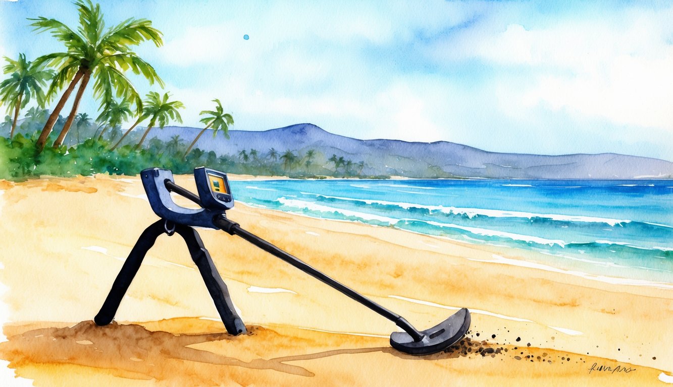 A metal detector sweeps the sandy shore of a pristine Hawaiian beach, with palm trees in the background and the ocean waves gently rolling in