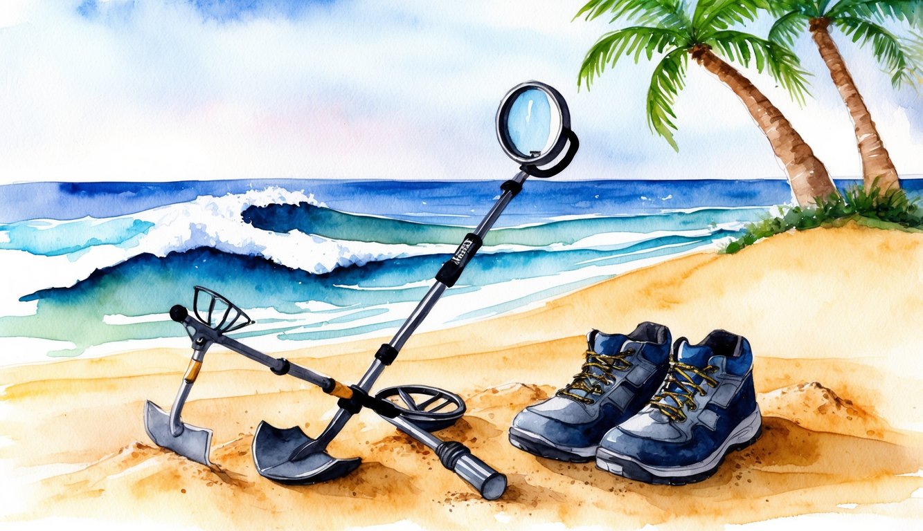 A metal detector, shovel, sifter, and sturdy shoes lay on a sandy beach with palm trees and ocean waves in the background