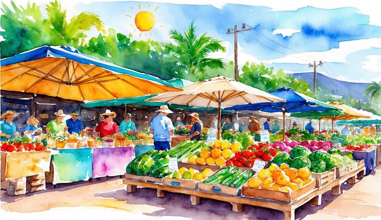 Vibrant farmers market on Kauai with colorful stalls, fresh produce, and local crafts under a sunny sky