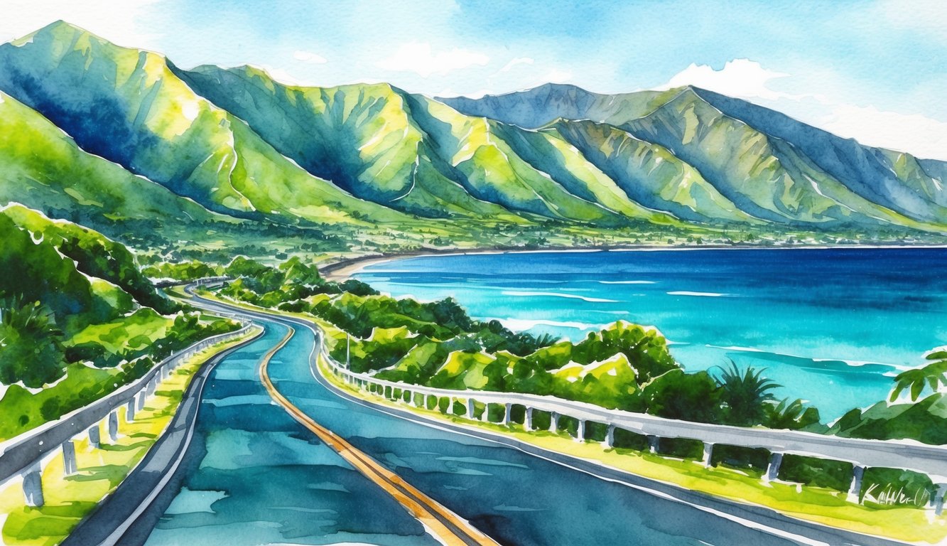 A winding coastal road with lush green mountains and turquoise waters on Kauai, Hawaii