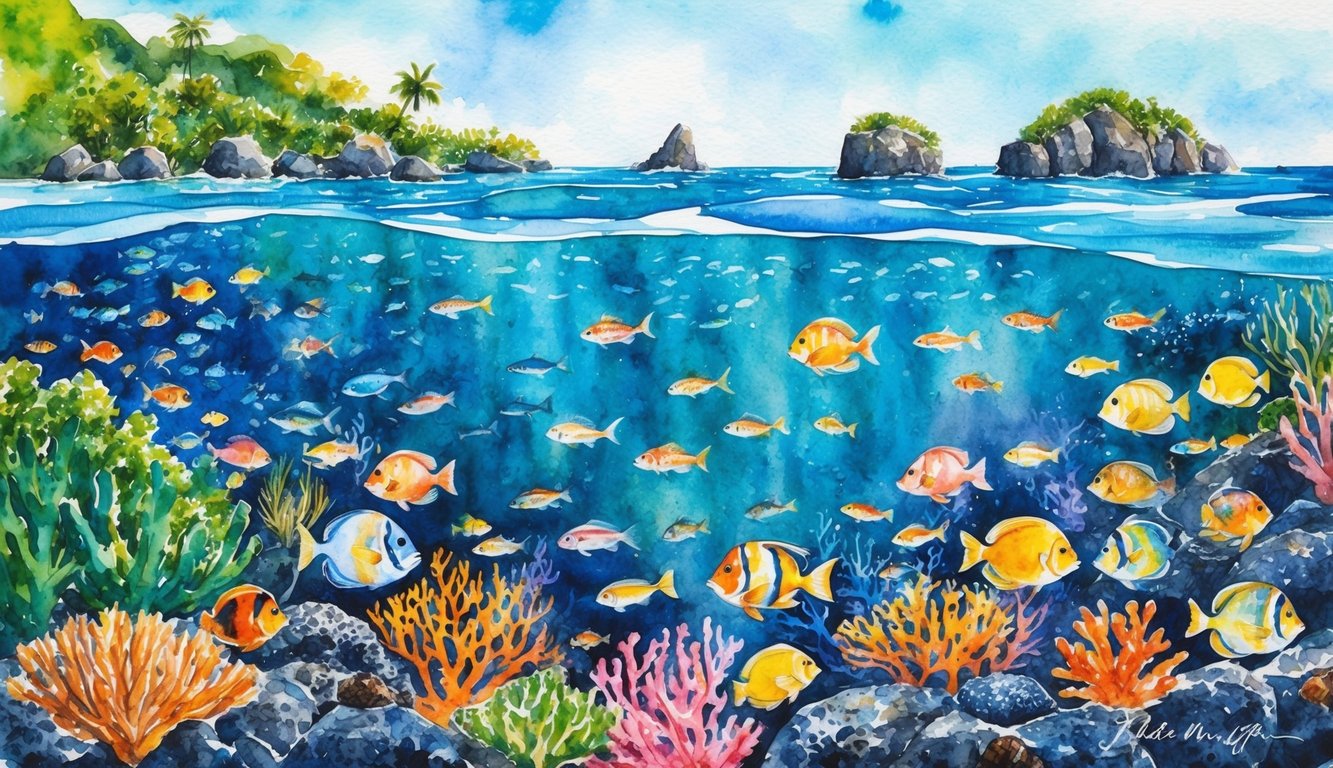 Crystal clear waters teeming with colorful fish and vibrant coral reefs, surrounded by lush greenery and volcanic rock formations