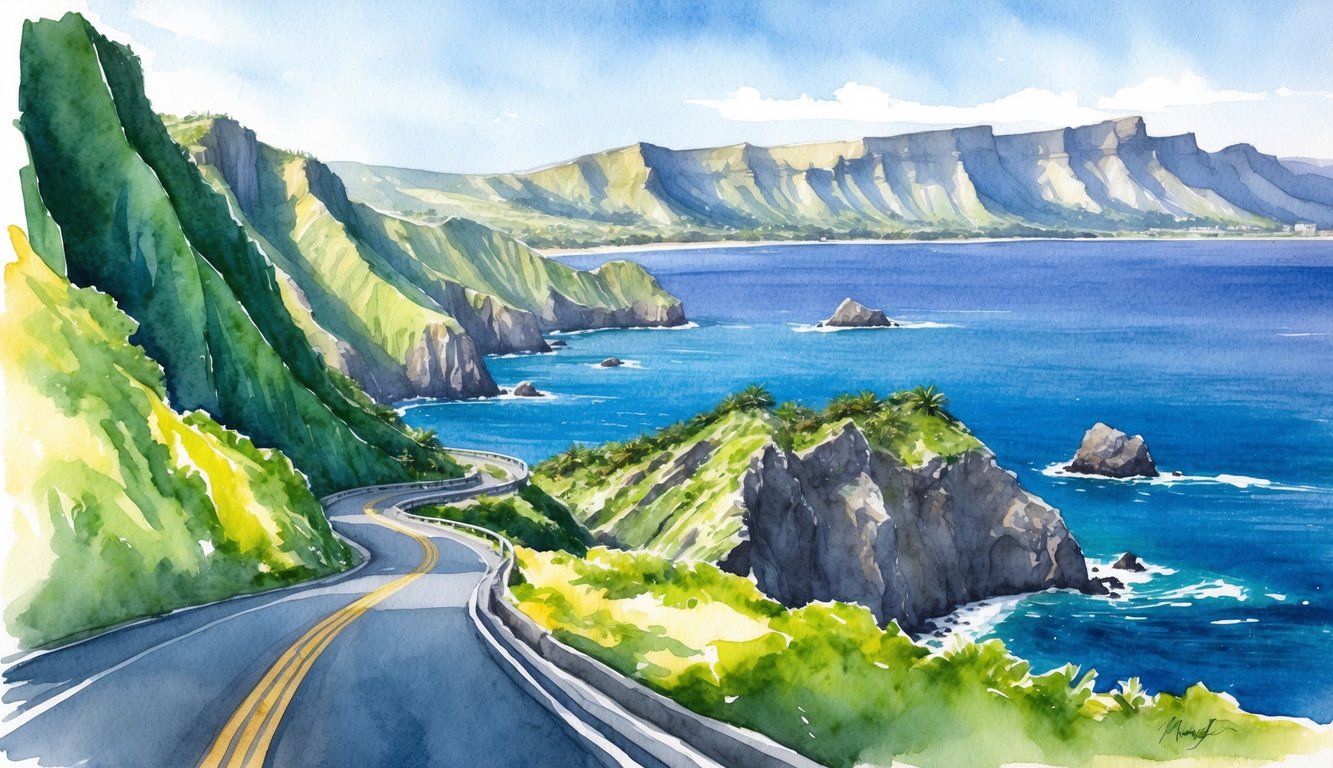 A winding coastal road leads past lush green cliffs and overlooks iconic landmarks like Waimea Canyon and the Na Pali Coast