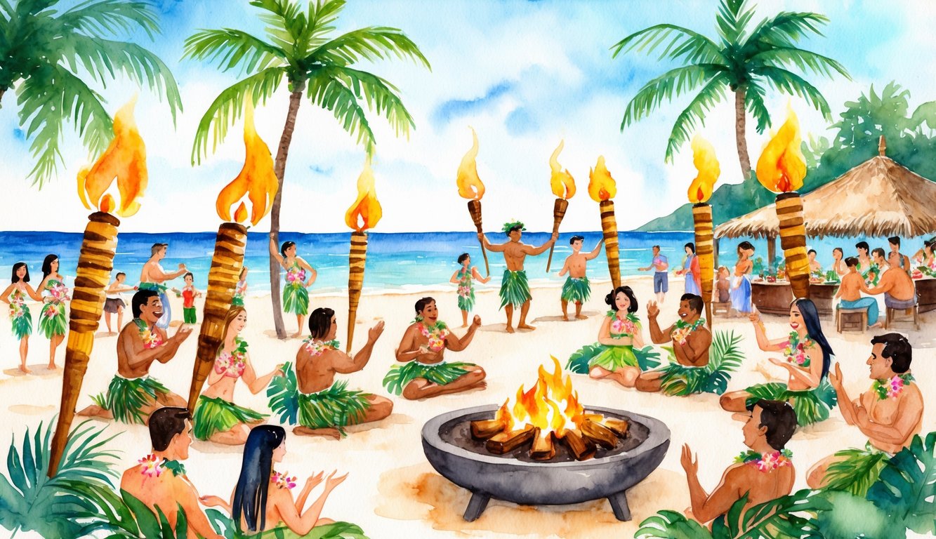 A beachside luau with tiki torches, hula dancers, and a fire pit surrounded by guests enjoying a traditional Hawaiian feast