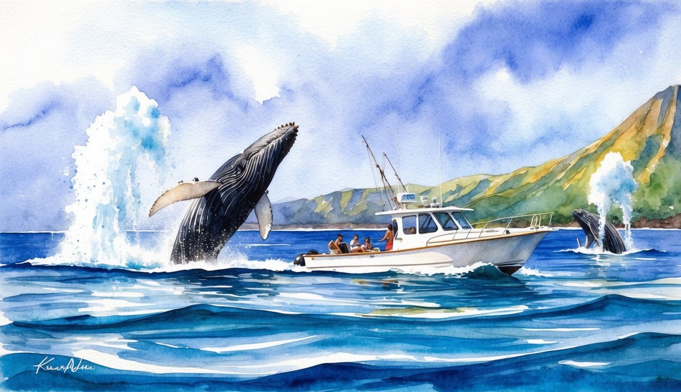 A boat glides through the crystal-clear waters off the coast of Kauai, surrounded by majestic humpback whales breaching and spouting water into the air