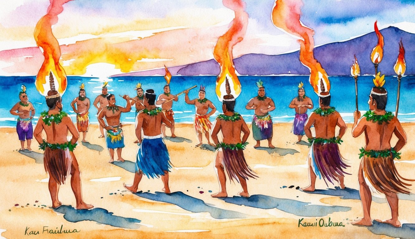 A traditional Kauai luau with dancers, musicians, and fire performers on a beach at sunset