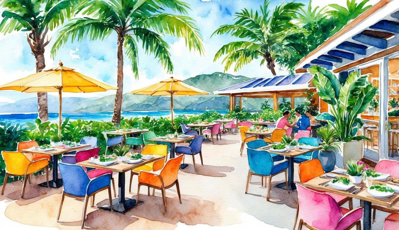 A lush tropical setting with colorful outdoor seating and a variety of plant-based dishes being served at a bustling vegan restaurant on Kauai
