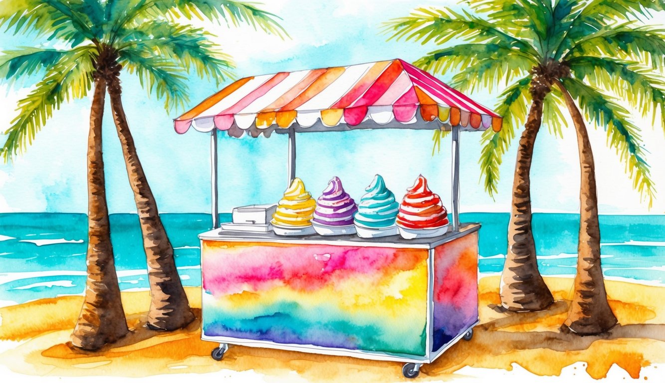 A colorful shave ice stand nestled among palm trees with a backdrop of turquoise ocean and golden sand