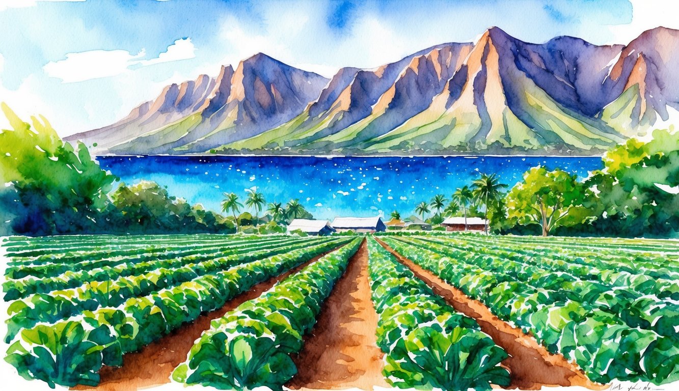 A lush, vibrant farm with rows of organic produce, surrounded by towering mountains and the sparkling blue waters of Kauai