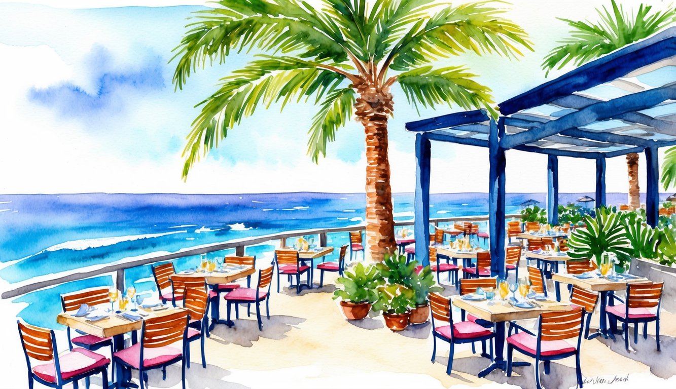 A seaside restaurant with outdoor seating, overlooking the ocean, surrounded by palm trees and serving fresh seafood dishes