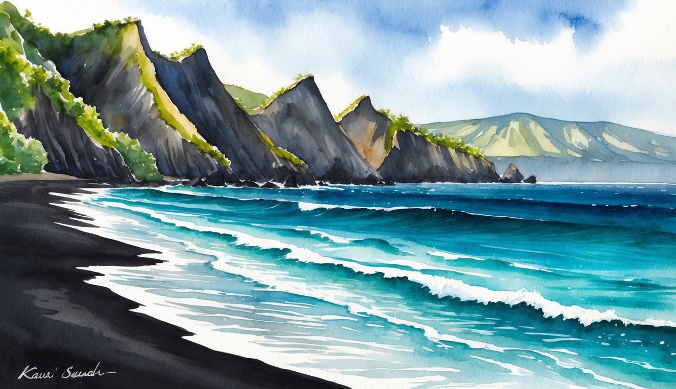 Volcanic cliffs frame the shore, where ebony sand meets the turquoise waves of Kauai's best black sand beaches