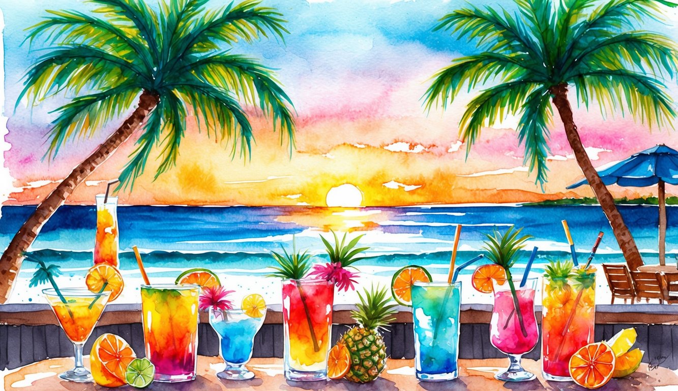Colorful beach bar at sunset with palm trees, ocean view, and tropical drinks