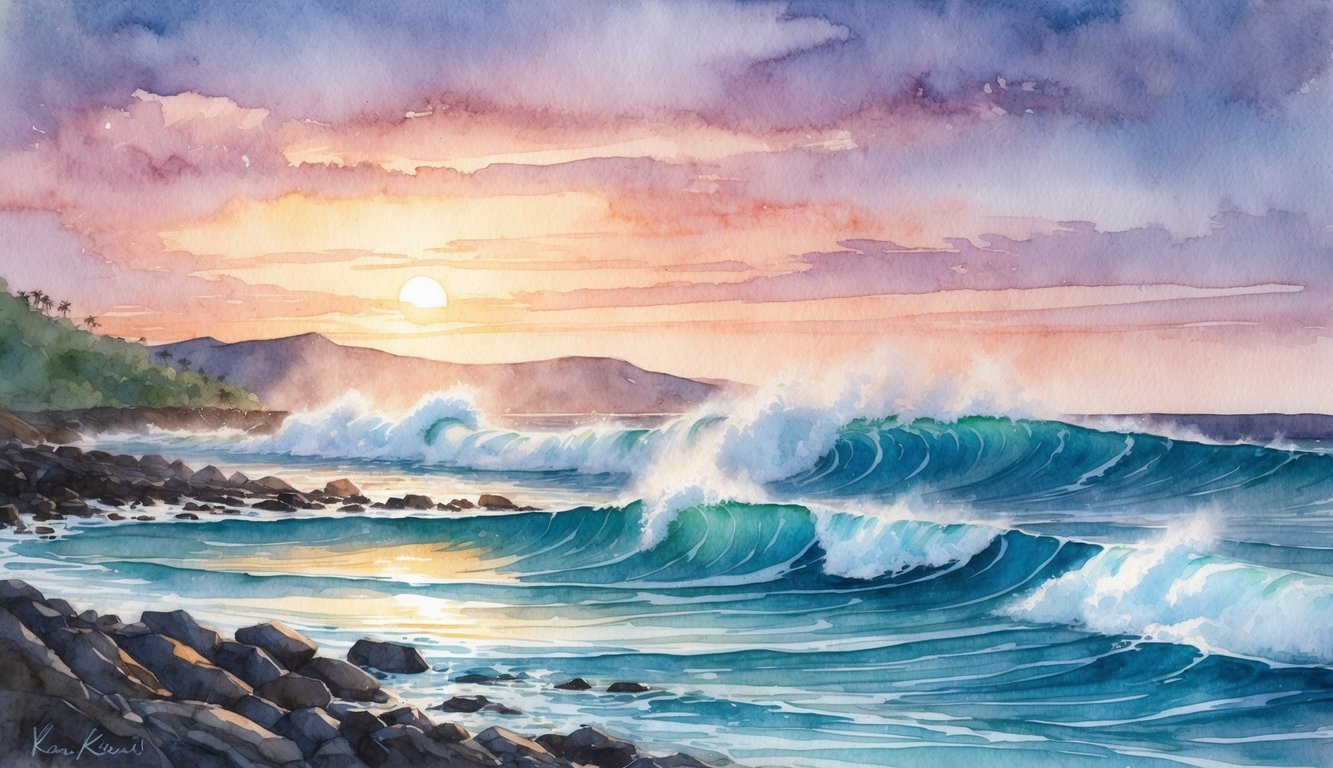 Sunset illuminates the rugged coastline of Kauai, where massive waves crash against the rocky shore, creating the perfect surfing breaks