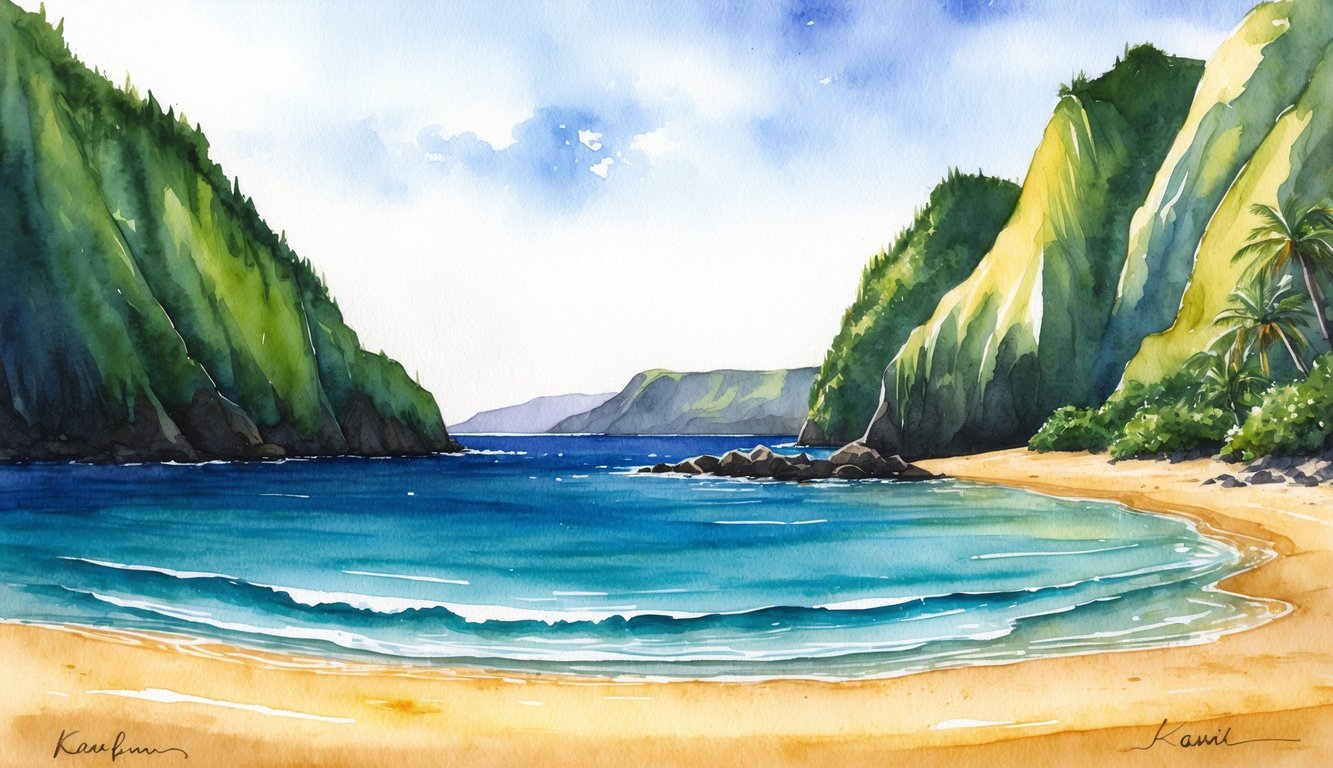 A serene cove with golden sands, framed by lush green cliffs and crystal-clear waters, offering a peaceful escape on the secluded beaches of Kauai