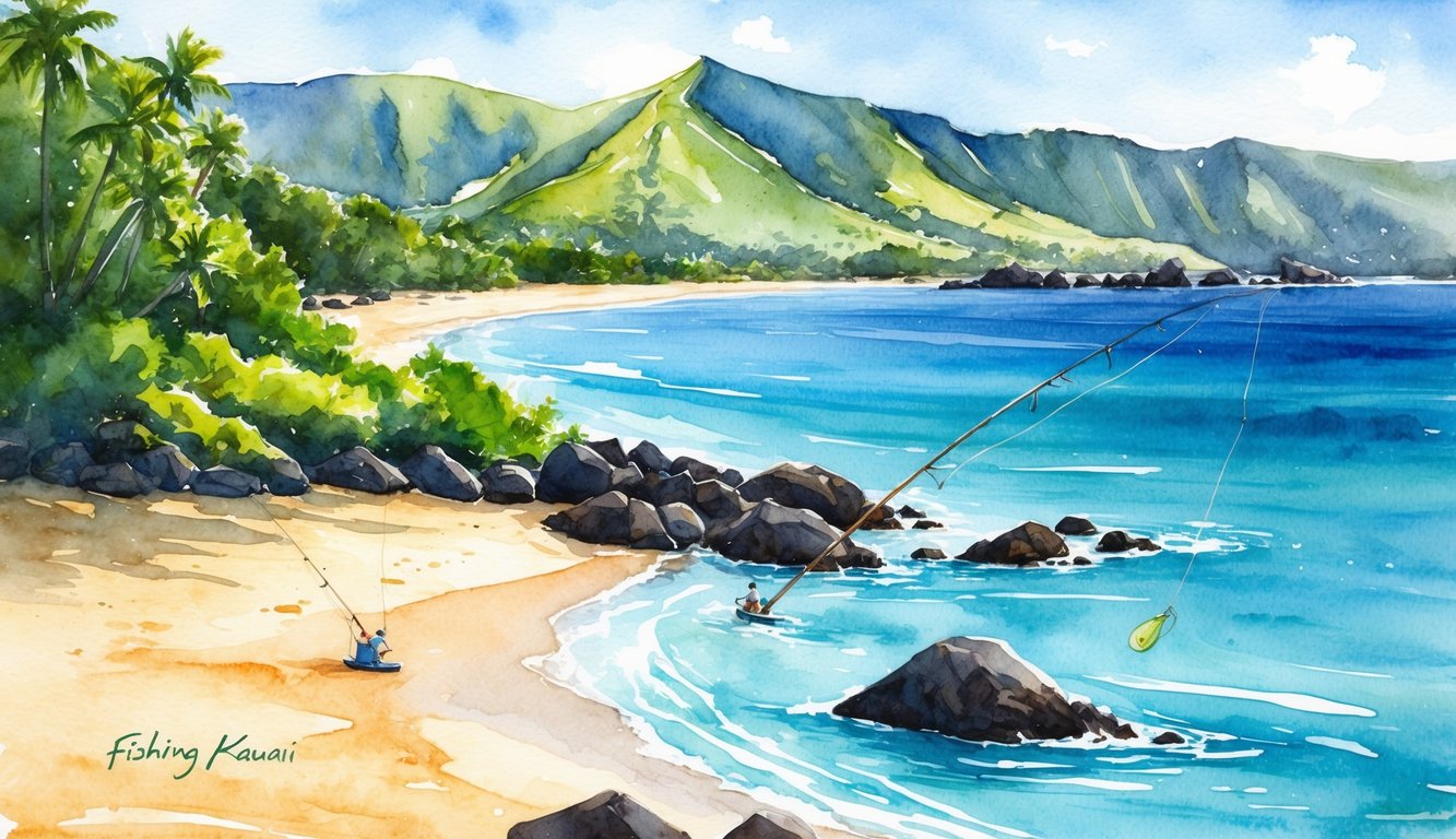 A serene beach with clear blue waters, lush greenery, and a rocky shoreline, perfect for fishing on Kauai