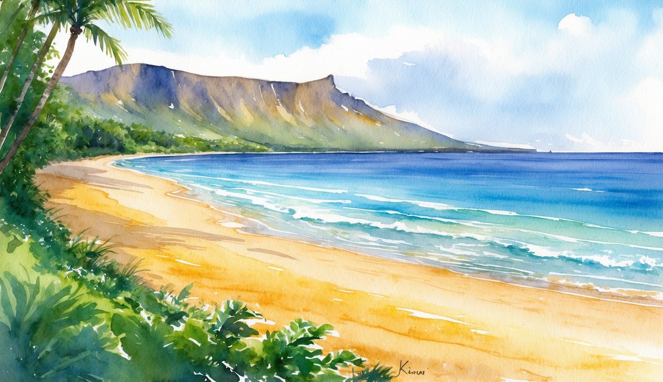 A serene, secluded beach on Kauai with crystal clear waters, golden sands, and lush greenery lining the shore. The sun is shining, and there are no other people in sight, creating a perfect private retreat
