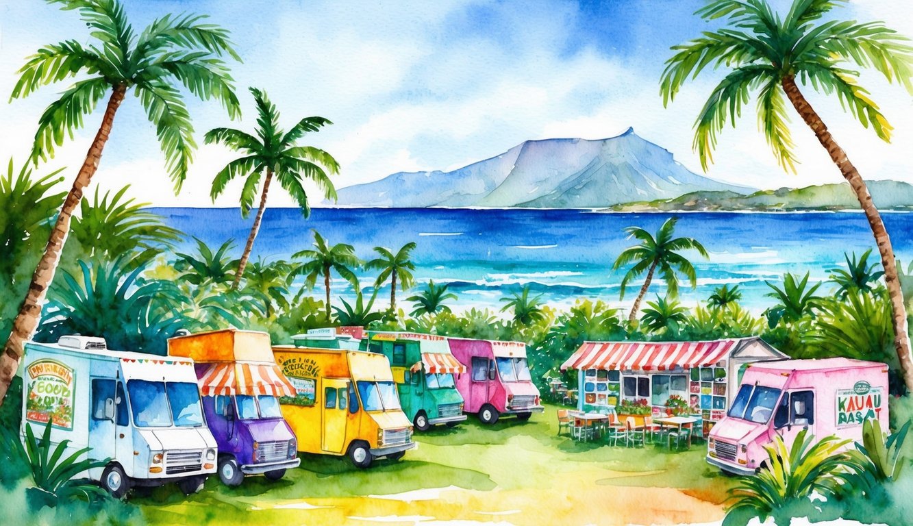 A lush tropical landscape with a colorful array of food trucks and small, vibrant restaurants nestled among palm trees and overlooking the ocean on Kauai