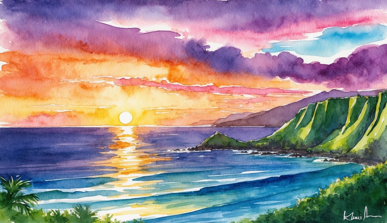 The sun sinks below the horizon, casting a golden glow over the ocean and silhouetting the lush green cliffs of Kauai. The sky is painted with vibrant hues of orange, pink, and purple as the day comes to a stunning end