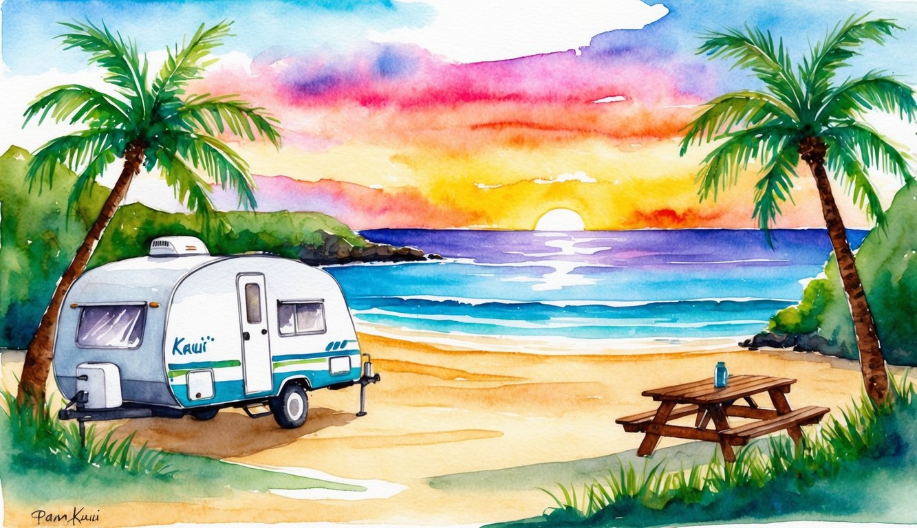 A serene beach campsite with a colorful sunset, palm trees, and a clear view of the ocean on the island of Kauai