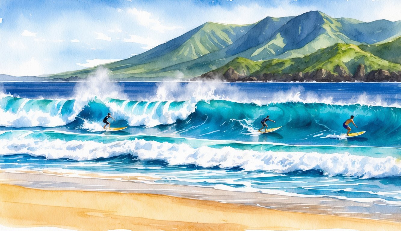 Clear blue waves crash onto sandy shore, with lush green mountains in the background. Surfers ride the waves on a sunny day at Kauai's best bodyboarding beaches