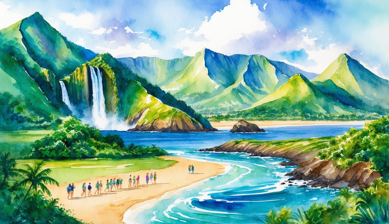 A vibrant landscape of lush green mountains, cascading waterfalls, and pristine beaches on the island of Kauai, with a tour guide leading a group of tourists