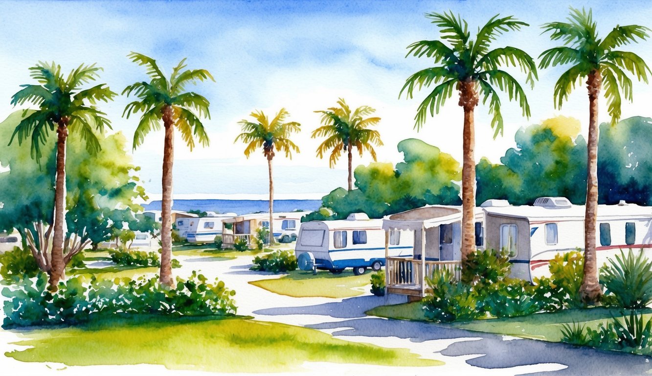 A serene campground nestled among lush greenery and towering palm trees, with clear blue skies and a distant view of the ocean