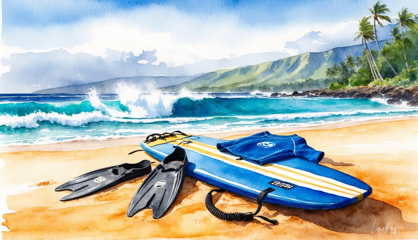 A bodyboard, fins, and a rash guard lay on the sandy shore of a picturesque Kauai beach, with waves crashing in the background